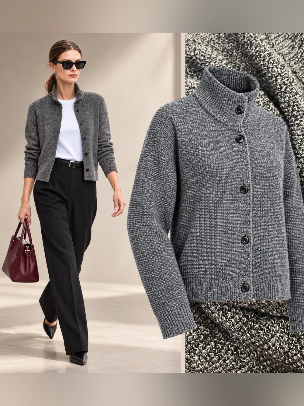 Eileen Fisher Peruvian Organic Cotton High Collar Sweater Cardigan Boxy Fit Sz L